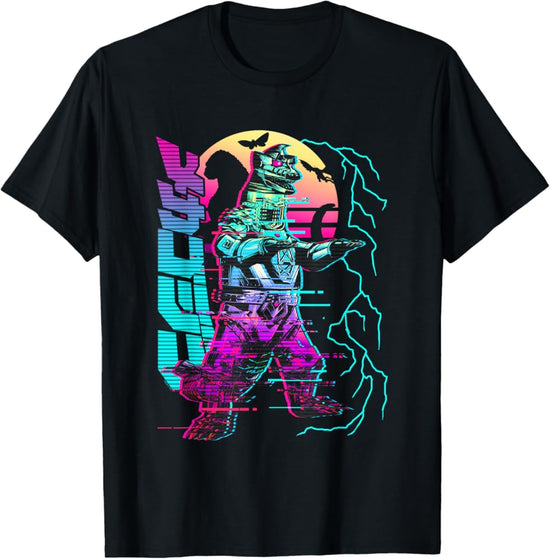 Mecha Godzilla Neon Glitch Graphic T-Shirt