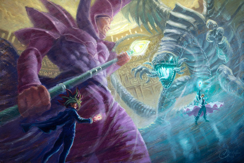 Yu-Gi-Oh! Yugi vs Kaiba, Dark Magician vs Blue Eyes White Dragon by Christopher Clark Art Print