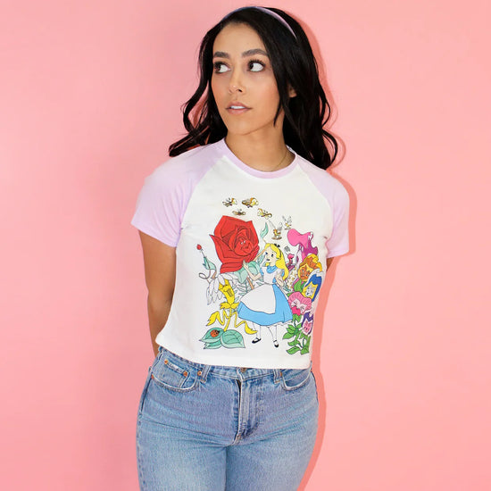 Load image into Gallery viewer, Alice in Wonderland (Disney) Floral Crop T-Shirt by Cakeworthy
