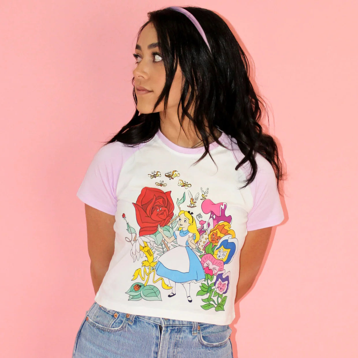 Load image into Gallery viewer, Alice in Wonderland (Disney) Floral Crop T-Shirt by Cakeworthy
