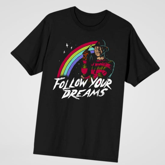 Load image into Gallery viewer, Freddy Krueger Rainbow &amp;quot;Follow Your Dreams&amp;quot; Nightmare on Elm Street Unisex Shirt
