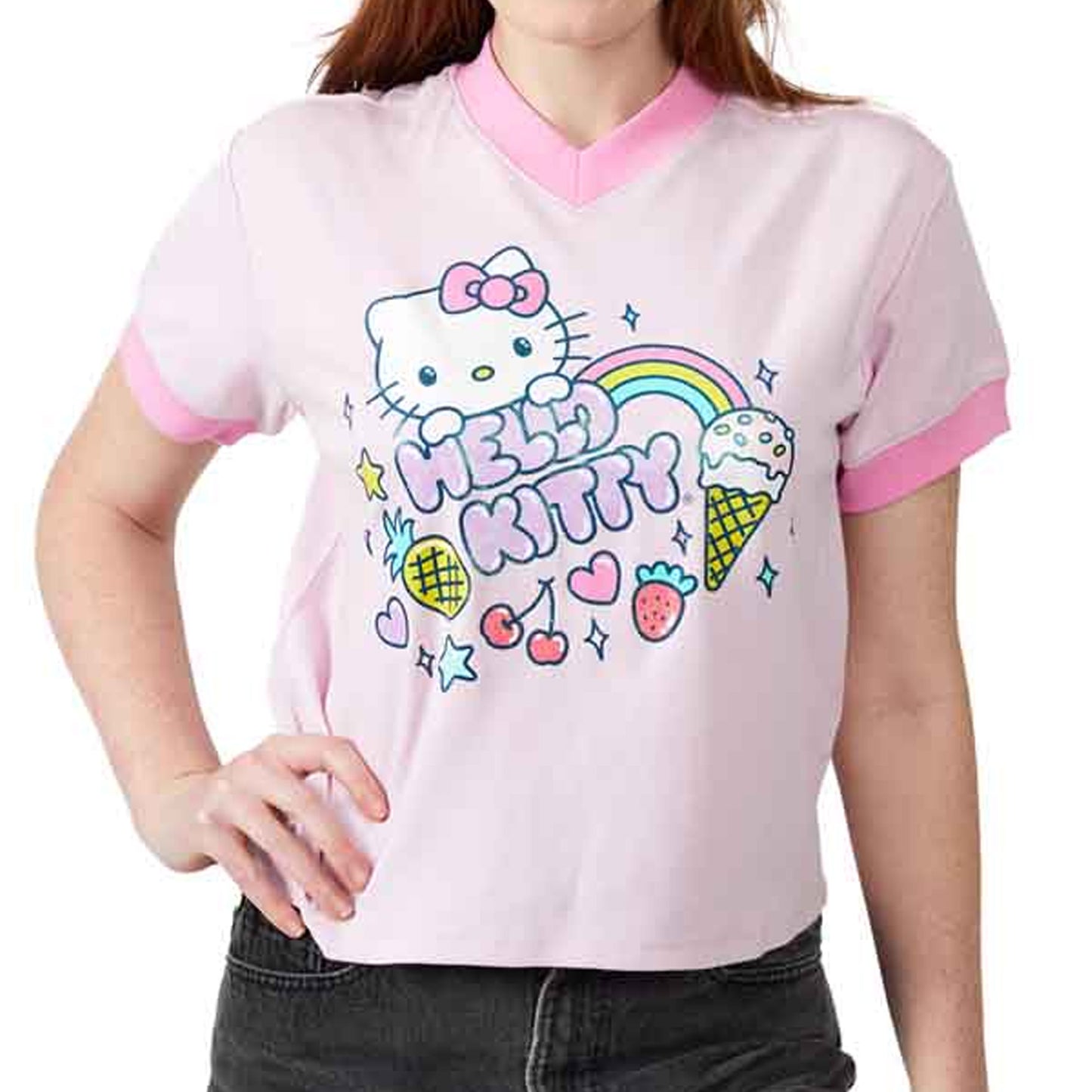 Hello Kitty Glitter V-Neck Ringer Shirt