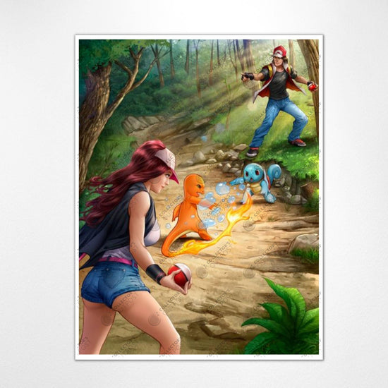 Load image into Gallery viewer, Hilda vs. Red (Pokemon) Premium Art Print

