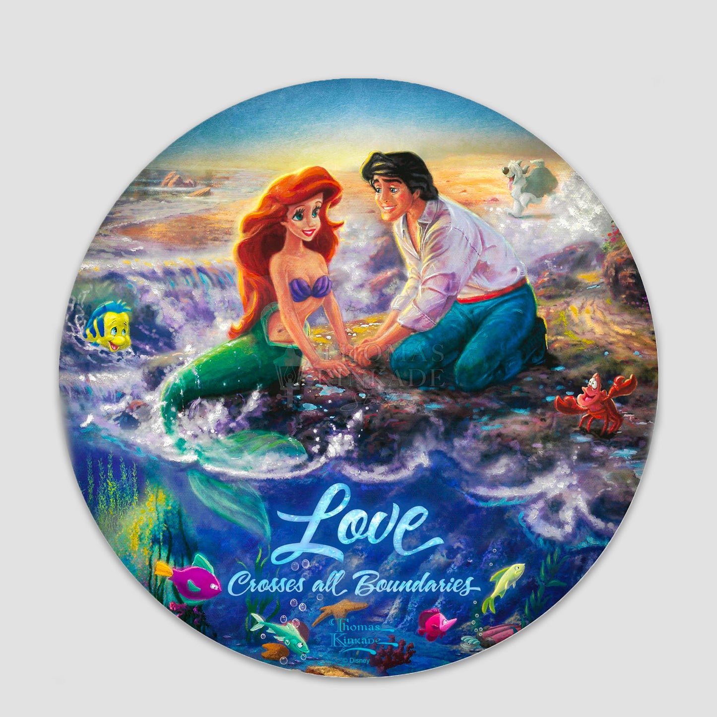 Little Mermaid "Love Crosses All Boundaries" (Disney) Thomas Kinkade Wooden Circle Sign
