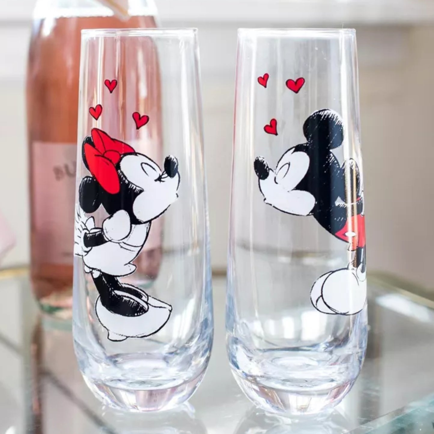 Mickey and Minnie Mouse Kissing Hearts (Disney) 9oz Fluted Glassware Set of 2