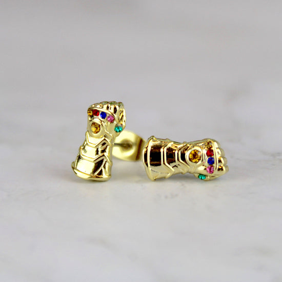 Load image into Gallery viewer, Thanos Infinity Gauntlet (Marvel) Gold Plated Crystal Stud Earrings
