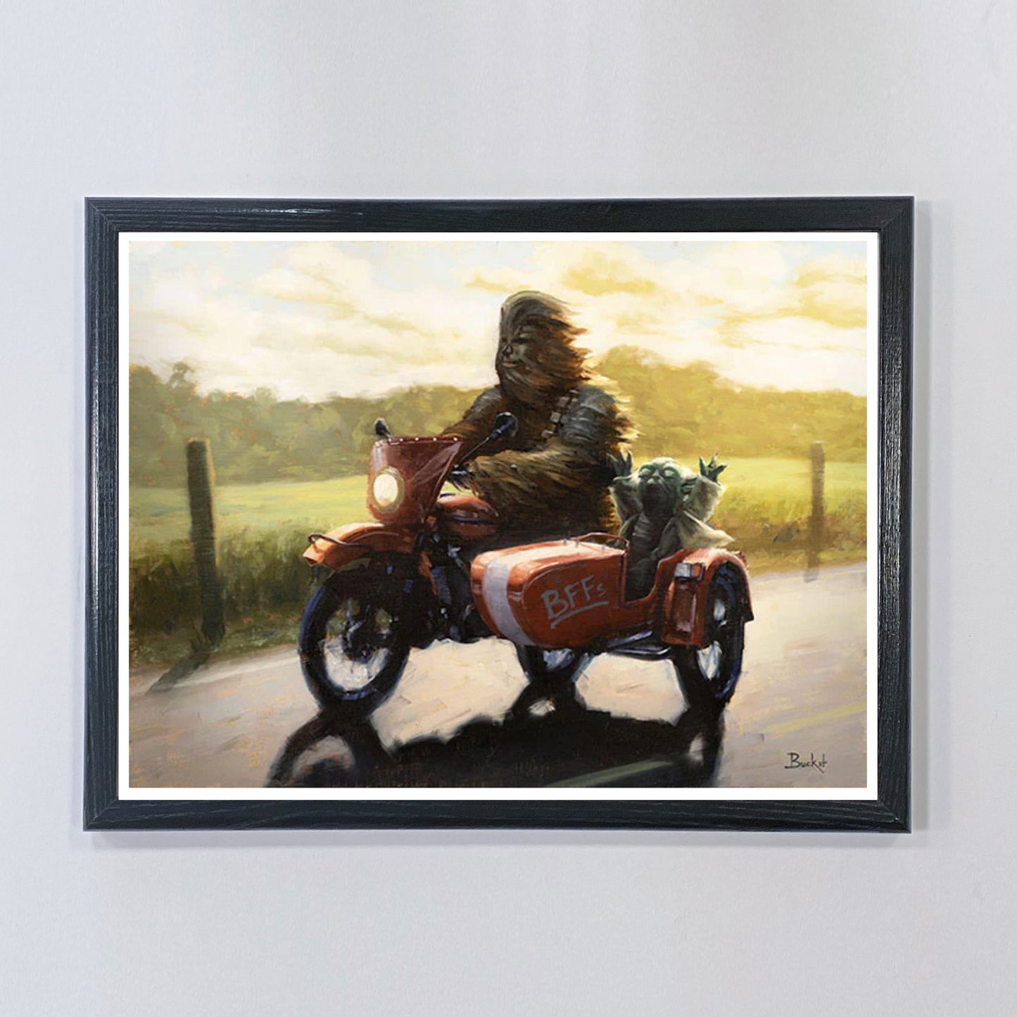 Load image into Gallery viewer, Yoda &amp;amp; Chewbacca on Vintage Motorcycle (Star Wars) Parody Art Print
