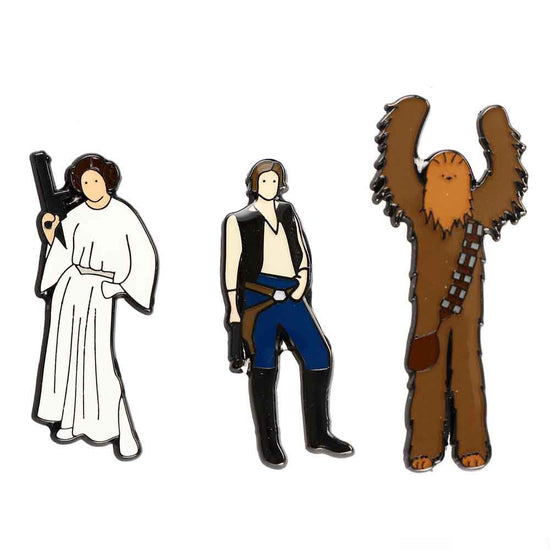 Load image into Gallery viewer, Han Solo, Chewbacca &amp;amp; Princess Leia Star Wars Enamel Pin Set 3 Pack
