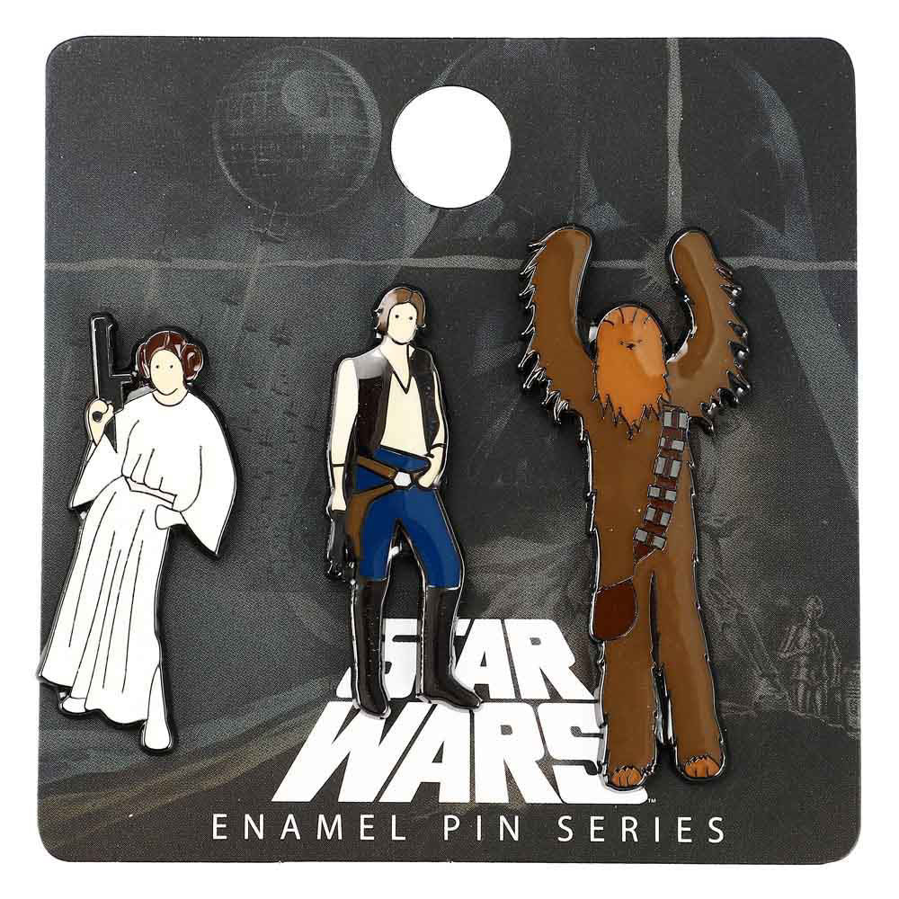 Load image into Gallery viewer, Han Solo, Chewbacca &amp;amp; Princess Leia Star Wars Enamel Pin Set 3 Pack
