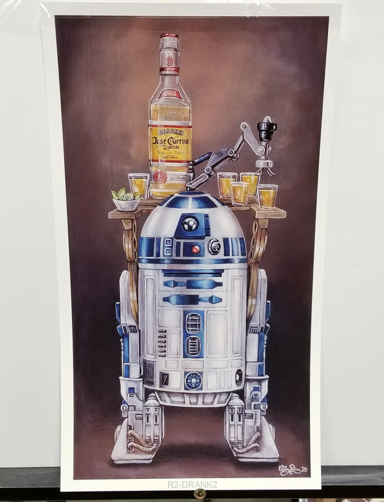 "R2-Drank2" Star Wars Parody Art Print by Ashley Raine  Who says droids aren't allowed in cantinas? Take that! It turns out that R2-D2 is a Jose Cuervo kind of droid in this fun parody art print.