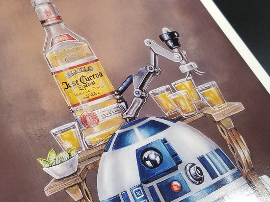 "R2-Drank2" Star Wars Parody Art Print by Ashley Raine  Who says droids aren't allowed in cantinas? Take that! It turns out that R2-D2 is a Jose Cuervo kind of droid in this fun parody art print.