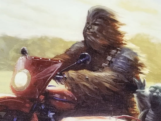 "Best Friends Forever" Art Print by Bucket   Yoda and Chewbacca have known each other for a LONG time.  Here the two dear friends have taken a well-deserved day off to ride through the countryside on a gorgeous sunny day in a vintage red motorcycle with sidecar.  Our favorite details in this art? Look at the joy on Yoda's face, and the pride in Chewbacca's expression. Chewie is no copilot here—the bike is all his!