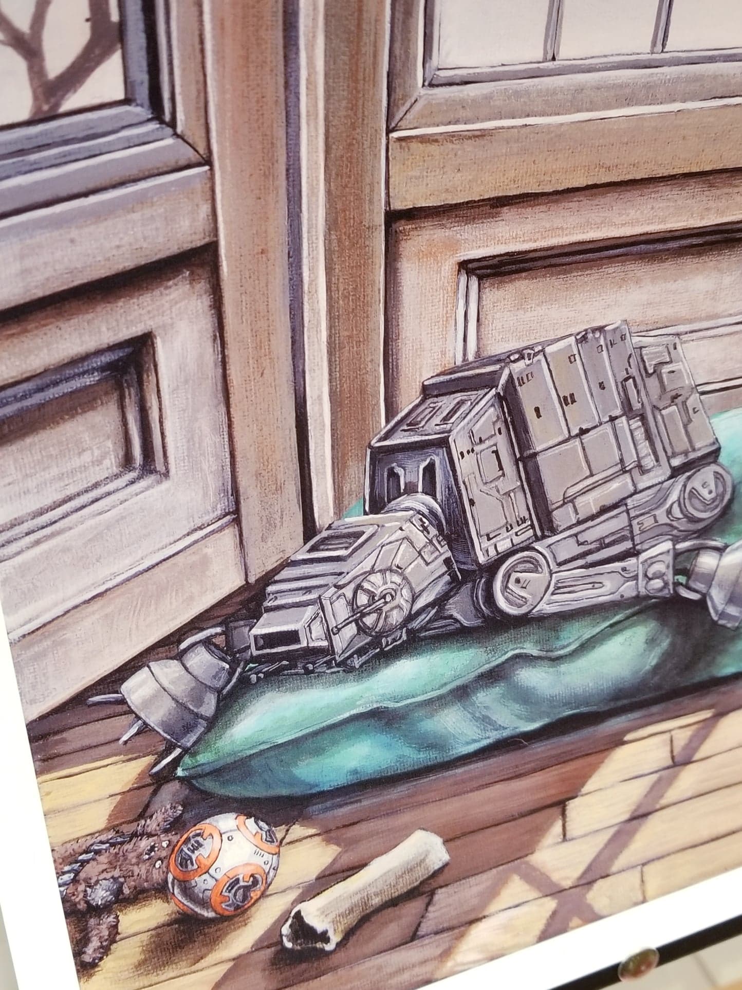 "Imperial Pupper" Star Wars Parody Art Print by Ashley Raine  Who's a good AT-AT? This boy is, and he's taking a well deserved puppy nap by the window! This Star Wars parody art is perfect for Imperial War Machine lovers and Sith Sympathizers of course, but also for any Star Wars fan who loves their fur-babies!    Details to Enjoy: Pup has a Wookiee toy with a torn-off arm, a bone, a comfy bed, and a well loved BB-8 chewy toy for only the best of good boys.