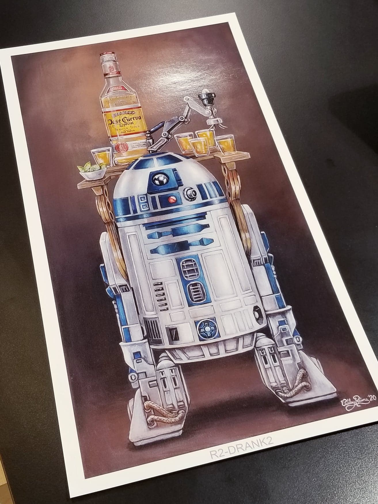 Load image into Gallery viewer, &amp;quot;R2-Drank2&amp;quot; Star Wars Parody Art Print by Ashley Raine  Who says droids aren&amp;#39;t allowed in cantinas? Take that! It turns out that R2-D2 is a Jose Cuervo kind of droid in this fun parody art print.
