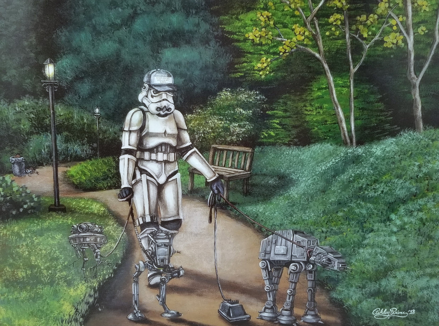 "Imperial Mark" Star Wars Parody Art Print by Ashley Raine  Our trusty Pup Walker Trooper from Imperial Walkers Inc. is out for an afternoon in the park with four of his imperial buddies. The probe droid and AT-ST 'Chicken Walker' are walking behind a bit, while MSE-6 'Mouse Droid', & our favorite AT-AT are ready to explore ahead and sniff out any rebel scum in the next shrubbery. 