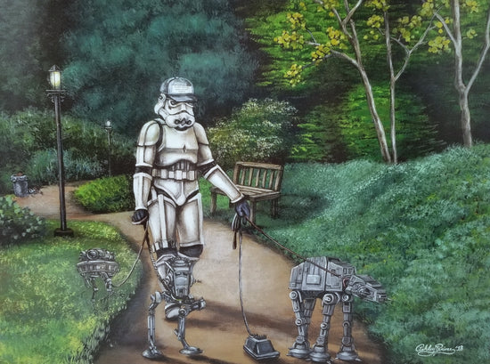Load image into Gallery viewer, &amp;quot;Imperial Mark&amp;quot; Star Wars Parody Art Print by Ashley Raine  Our trusty Pup Walker Trooper from Imperial Walkers Inc. is out for an afternoon in the park with four of his imperial buddies. The probe droid and AT-ST &amp;#39;Chicken Walker&amp;#39; are walking behind a bit, while MSE-6 &amp;#39;Mouse Droid&amp;#39;, &amp;amp; our favorite AT-AT are ready to explore ahead and sniff out any rebel scum in the next shrubbery. 
