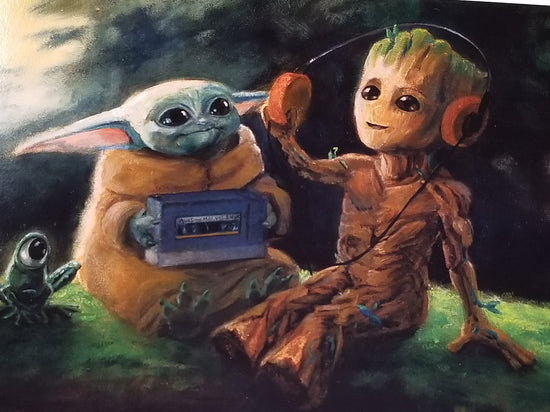 "Baby Grooves" by Gadget Art  Which cherished fandom favorite is cuter? Baby Groot? Or The Child? Do we really have to choose?!  Our two tiny heroes are rapidly becoming best friends in this Star Wars x Marvel's Guardians of the Galaxy parody art print by Gadget Art.