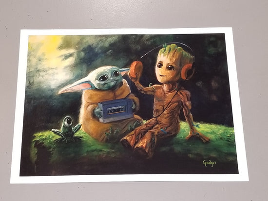 "Baby Grooves" by Gadget Art  Which cherished fandom favorite is cuter? Baby Groot? Or The Child? Do we really have to choose?!  Our two tiny heroes are rapidly becoming best friends in this Star Wars x Marvel's Guardians of the Galaxy parody art print by Gadget Art.