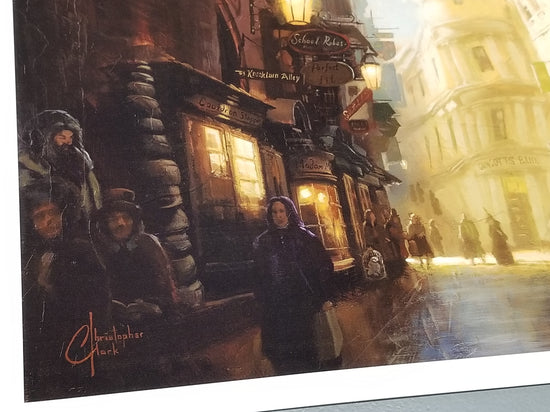 Load image into Gallery viewer, &amp;quot;Diagon Alley&amp;quot; Harry Potter Art Print by Christopher Clark  Welcome to Diagon Alley. Peek at Ollivander’s, or the Dailey Prophet. Gringotts Wizarding Bank is just down the street. There is a small sign pointing the way to Knockturn Alley, peek closely to spot a few of our favorite characters, and much more…

