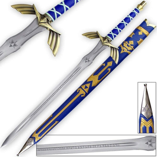 Load image into Gallery viewer, steel replica inspired by Link&amp;#39;s Master Sword, from the The Legend of Zelda series!   This stunning full-steel replica based on the Master Sword features an incredible steel hilt design with a blue faux leather wrapped handgrip and incredible genuine leather scabbard with gold Hyrule design. The sword is two-handed length and featuring laser-engraved Triforce and Hylian runes on the blade. 
