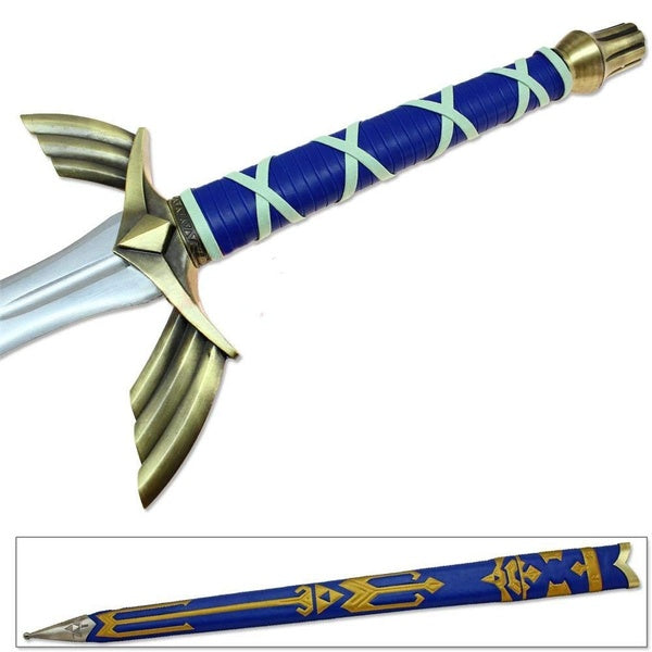 steel replica inspired by Link's Master Sword, from the The Legend of Zelda series!   This stunning full-steel replica based on the Master Sword features an incredible steel hilt design with a blue faux leather wrapped handgrip and incredible genuine leather scabbard with gold Hyrule design. The sword is two-handed length and featuring laser-engraved Triforce and Hylian runes on the blade. 