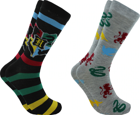Load image into Gallery viewer, Welcome to Hogwarts!  This 2-pack set of casual crew socks includes 1 black multicolor pair with the Hogwarts School of Wizardry Shield Crest, &amp;amp; 1 grey multicolor pair featuring the Gryffindor Lion, Hufflepuff Badger, Slytherin Snake, and Ravenclaw Eagle.   Perfect for Harry Potter fans of any House! These casual crew socks are 97% polyester/3% spandex and come in a pack of 2 featuring quality knit-in graphics. Fits mens shoe sizes 6-12. 
