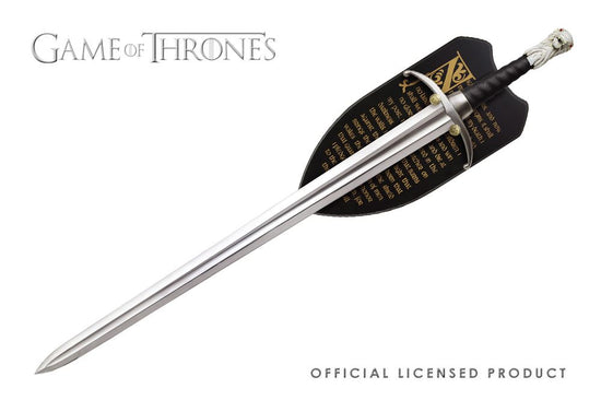 "It's my father's sword, and his father before him."  Longclaw - The Valyrian steel sword of Jon Snow in the Game of Thrones series.  The 35-inch full tang blade is constructed from high quality stainless steel and the hilt is wrapped in genuine leather. To complete the design, the Stark's sigil adorns the end of the handle made from antiqued metal. This full scale prop replica can be displayed with the included silkscreened wood display plaque featuring the Night's Watch Oath. 