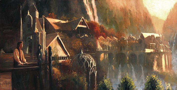 Frodo in Rivendell, or the elven city of Imladris, from The Lord of the Rings.  Art print by Christopher Clark  Print Size: 10" x 18" on Premium Paper