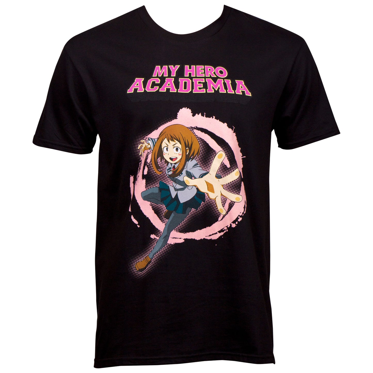 "Everyone is giving all they can, which only makes it fair that I do the same." - Ochaco Uraraka (Uravity)  Celebrate your love for UA High and all things My Hero Academia with this black cotton Ochaco t-shirt.   Details: Cotton blend Unisex fit black tshirt Official My Hero Academia / Boko No Hero apparel