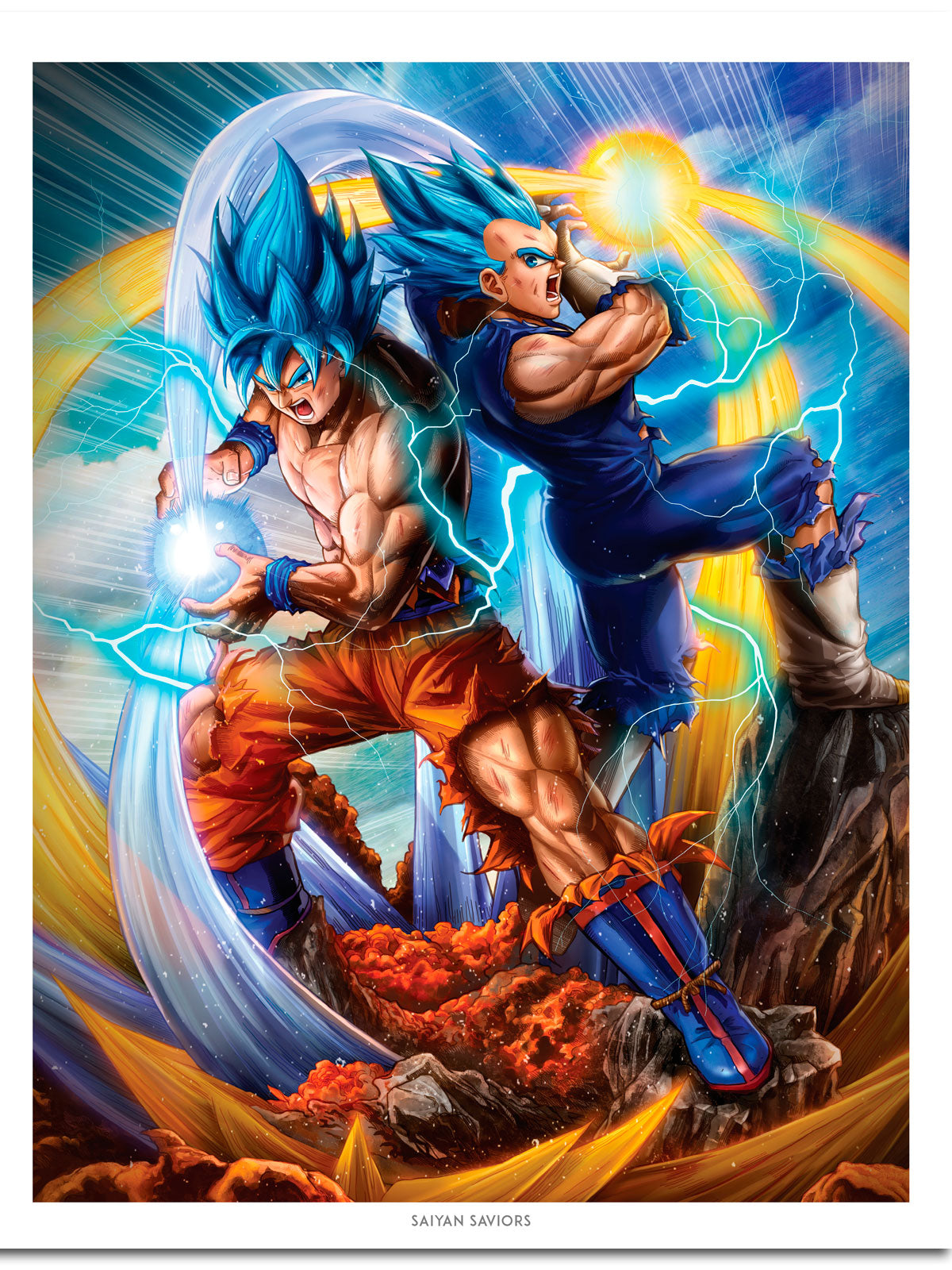 "Saiyan Saviors" Dragon Ball Z Art Print by Dominic Glover  Dominic Glover's art prints are made with museum quality satin and inks designed to last a lifetime, in-fact several lifetimes.  Print Size: 16 inches by 20 inches Printed on premium quality 350# UV Gloss cover stock paper Made in the USA
