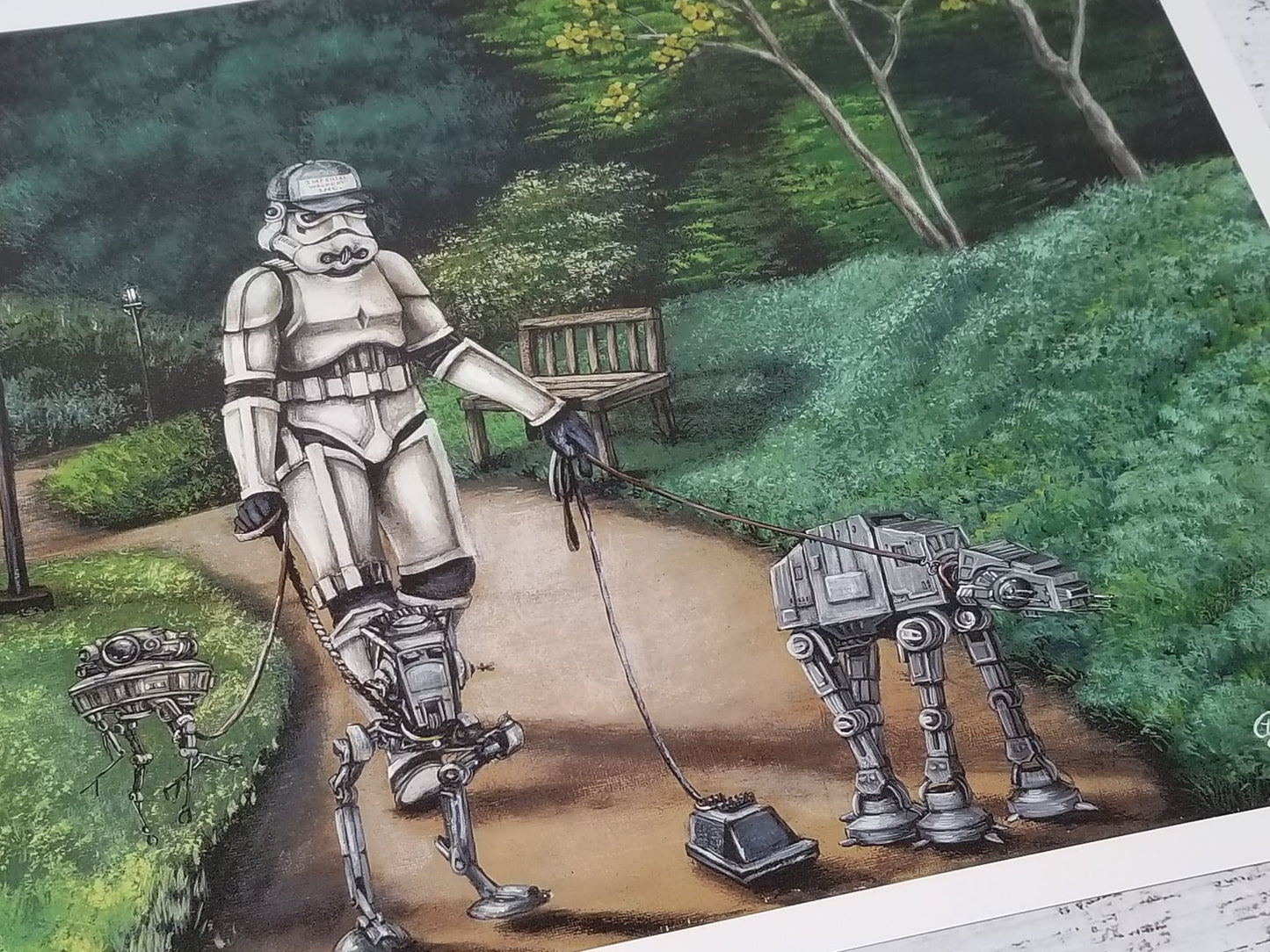 "Imperial Mark" Star Wars Parody Art Print by Ashley Raine  Our trusty Pup Walker Trooper from Imperial Walkers Inc. is out for an afternoon in the park with four of his imperial buddies. The probe droid and AT-ST 'Chicken Walker' are walking behind a bit, while MSE-6 'Mouse Droid', & our favorite AT-AT are ready to explore ahead and sniff out any rebel scum in the next shrubbery. 