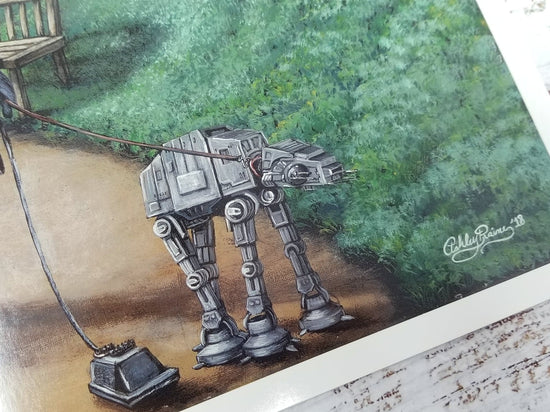 Load image into Gallery viewer, &amp;quot;Imperial Mark&amp;quot; Star Wars Parody Art Print by Ashley Raine  Our trusty Pup Walker Trooper from Imperial Walkers Inc. is out for an afternoon in the park with four of his imperial buddies. The probe droid and AT-ST &amp;#39;Chicken Walker&amp;#39; are walking behind a bit, while MSE-6 &amp;#39;Mouse Droid&amp;#39;, &amp;amp; our favorite AT-AT are ready to explore ahead and sniff out any rebel scum in the next shrubbery. 
