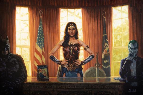 Load image into Gallery viewer, Wonder Woman in the Oval Office Art Print By Bucket Art  What if Diana Prince were Madam President of the USA? Wonder Woman stands at the Resolute Desk in the Oval Office, continuing to fight for truth, love, and justice.  Wonder Woman wears her iconic armor. Batman and The Joker are seated on each side of her desk symbolizing bipartisanship. Look for the &amp;quot;We Can Do It&amp;quot; framed image on her desk. Wonder Woman’s shield and the Godkiller sword are behind her.
