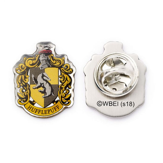 Hufflepuff House Crest Pin Badge  The Crest of the famous Hogwarts house, founded by Helga Hufflepuff  This Harry Potter Pin Badge has been created using the official style guide from Warner Bros.  Enamel Pin Details:  Around .75" tall and .5" wide (20mm x 16mm) Beautiful colors protected by a high-gloss finish Enamel pin arrives on a printed Harry Potter card backer Quality metal badge pin with butterfly clutch backing