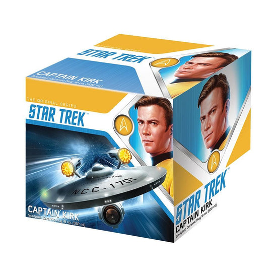Set coffee to stun!   A Star Trek The Original Series oversized sculpted mug in honor of Captain James T. Kirk!  Arrives packaged in a full color gift box.  The perfect coffee or tea mug for selfie photos Hand-wash only