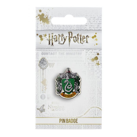 Load image into Gallery viewer, Slytherin House Shield Crest Pin Badge  The Crest of the famous Hogwarts House, founded by Salazar Slytherin  This Harry Potter Pin Badge has been created using the official style guide from Warner Bros.  Enamel Pin Details:  Around .75&amp;quot; tall and .5&amp;quot; wide (20mm x 16mm) Beautiful colors protected by a high-gloss finish Enamel pin arrives on a printed Harry Potter card backer Quality metal badge pin with butterfly clutch backing
