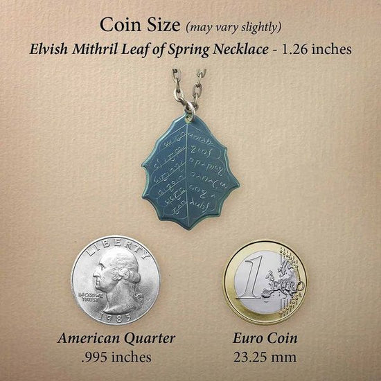 This Elvish Mithril Leaf of Spring Necklace is crafted in celebration of The Lord of the Rings by J. R. R. Tolkien. The leaf-shaped coin is struck from solid niobium, measures 2.7 cm in diameter, and weighs about 6.5 grams. Includes a 30" antique bronze cable chain with clasp. Coin artwork by Greg Franck-Weiby.  Coins are struck one at a time in the USA using antique machinery and traditional coining techniques. A colorful description is included with history, translations, and facts about the coins.