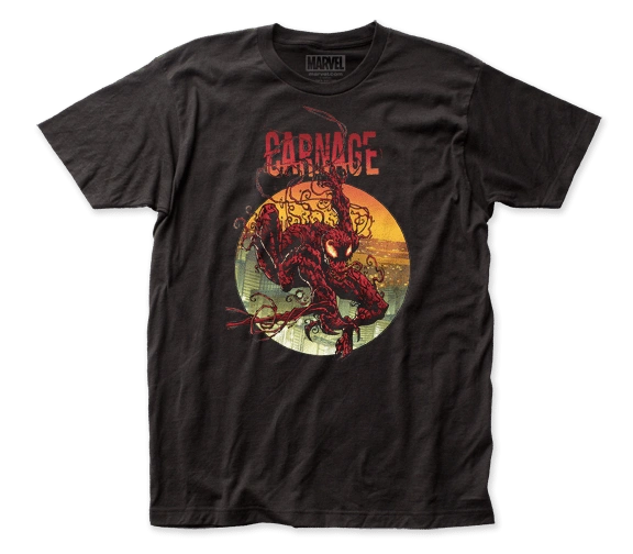 Fans of Venom and Carnage can let their villain side show with this bold Carnage "climbing out" unisex-fit Marvel shirt, with the symbiote himself seeming to escape from the bounds of his graphic tee!  Spider-Man had better watch out!  Official Marvel apparel. Cotton blend shirt. Traditional unisex fit t-shirt with standard adult sizing. Machine wash cold with like colors, tumble dry low. Available in sizes S-XXL.