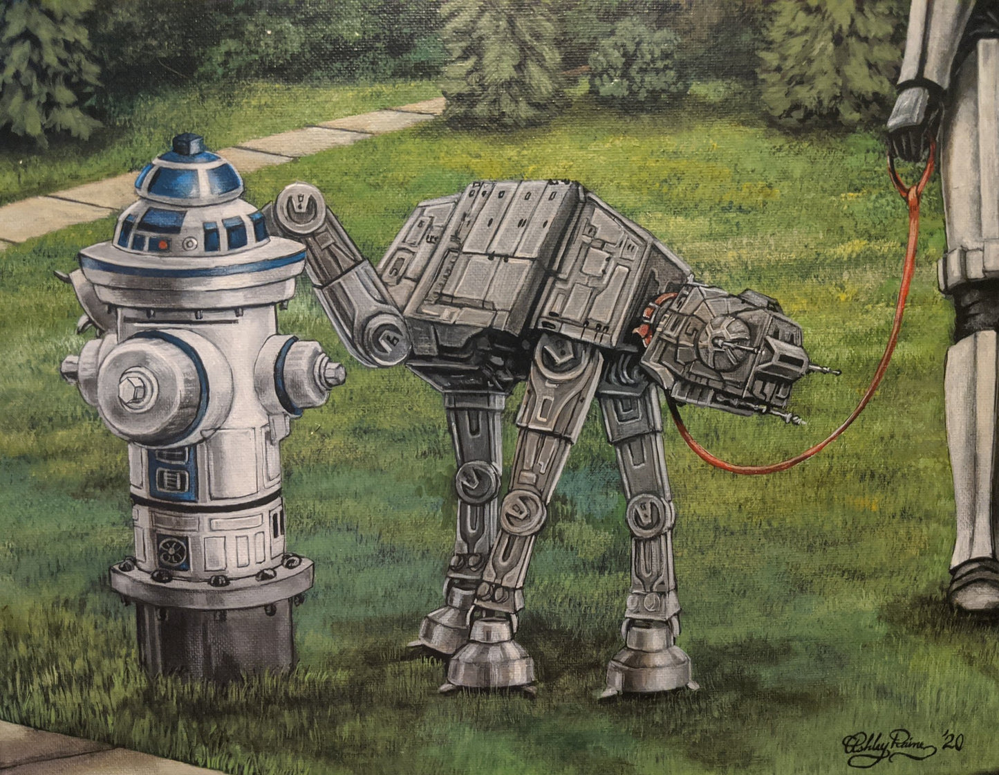 Load image into Gallery viewer, &amp;quot;Imperial Mark&amp;quot; Star Wars Parody Art Print by Ashley Raine   Who&amp;#39;s an Imperial Good Boy? Our favorite AT-AT pup is out for a walk with his Trooper. They&amp;#39;ve found the droid they&amp;#39;re looking for! Now, pup is making his mark on the R2-D2 fire hydrant!  Should he be doing that? We&amp;#39;re not too sure, but his Stormtrooper doesn&amp;#39;t seem to mind.
