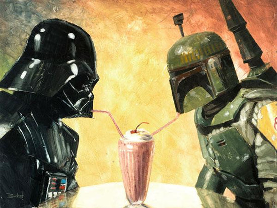 Load image into Gallery viewer, &amp;quot;BFF&amp;#39;s&amp;quot; Star Wars Darth Vader &amp;amp; Boba Fett Parody Art by Bucket  What can you say about a Sith Lord and Mandalorian Bounty Hunter sharing a classic strawberry milkshake together at the ice cream parlor?  We haven&amp;#39;t found the words yet, but we know that this is the PERFECT art to celebrate best friends and partners-in-crime (or galactic domination). 
