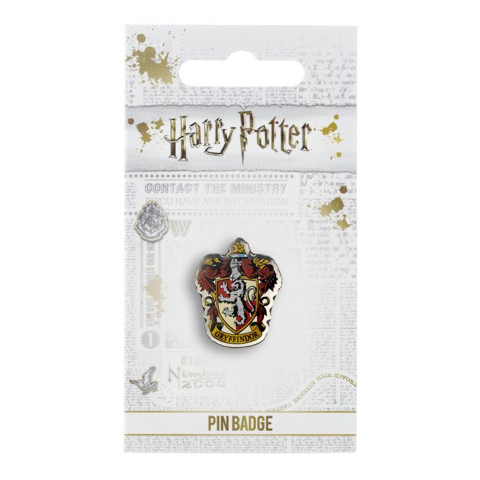 Gryffindor Crest Pin Badge  The Crest of the famous Hogwarts house, founded by Godric Gryffindor  This Harry Potter Pin Badge has been created using the official style guide from Warner Bros.  Enamel Pin Details:  Around .75" tall and .5" wide (20mm x 16mm) Beautiful colors protected by a high-gloss finish Enamel pin arrives on a printed Harry Potter card backer Quality metal badge pin with butterfly clutch backing