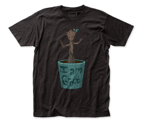 "I am Groot!" Are you hooked on a feeling for Baby Groot? We sure were from the moment we first saw this Guardians of the Galaxy little sprout dancing in his flowerpot on the big screen. This cute little Groot shirt is presented on a comfortable black unisex fit t-shirt.   Official Marvel: Guardians of the Galaxy apparel. Cotton blend shirt. Traditional unisex fit t-shirt with standard adult sizing. Machine wash cold with like colors, tumble dry low. Available in sizes S-XXXL.