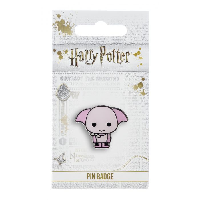 Dobby the House Elf Pin Badge  This Harry Potter Pin Badge has been created using the official style guide from Warner Bros.  Enamel Pin Details:  Around .75" tall and .5" wide (20mm x 16mm) Beautiful colors protected by a high-gloss finish Set arrives on a printed Harry Potter card backer Quality metal badge pin with butterfly clutch backing
