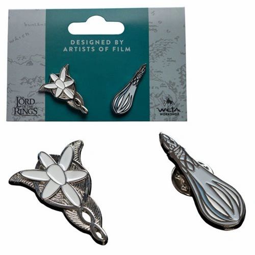 Arwen the Evenstar and Galadriel the Lady of Lothlorien pin set.  Designed by the artists of film at Weta Workshop, this Lord of the Rings Evenstar and Phial of Galadriel collector-quality enamel pin set is a perfect Elven Middle-Earth accent to your look! * This pin set is made from textured brass metal with enamel paint detailing. * Each pin measures approximately 1 inch long by 3/4-inches tall. * This set arrives on a colorful The Lord of the Rings backing card, which may be stood for display.