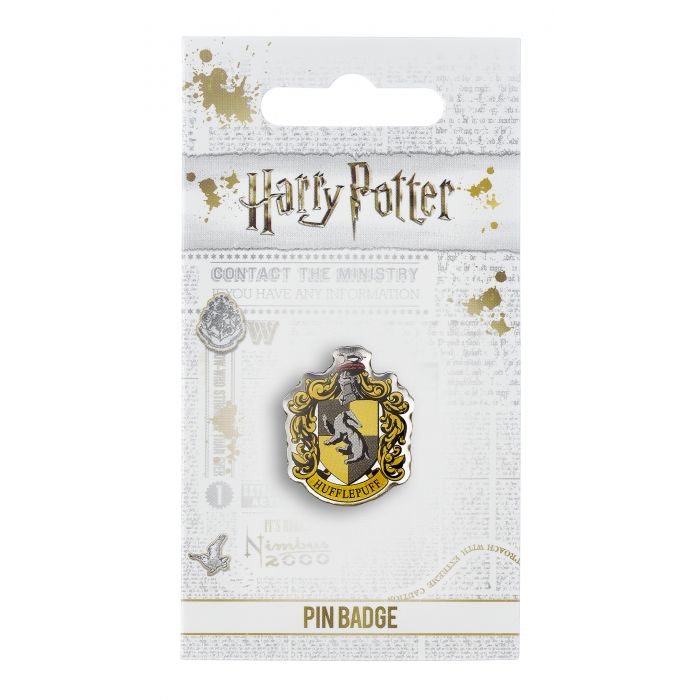Hufflepuff House Crest Pin Badge  The Crest of the famous Hogwarts house, founded by Helga Hufflepuff  This Harry Potter Pin Badge has been created using the official style guide from Warner Bros.  Enamel Pin Details:  Around .75" tall and .5" wide (20mm x 16mm) Beautiful colors protected by a high-gloss finish Enamel pin arrives on a printed Harry Potter card backer Quality metal badge pin with butterfly clutch backing