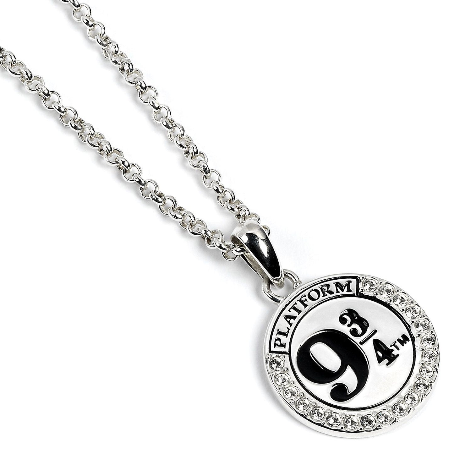 Our Harry Potter Platform 9 3/4 necklace is embellished with Swarovski Crystals.  This necklace depicts the famous 9 and Three Quarters Rail Platform at Kings Cross Station, from which Hogwarts students gain access to the Hogwarts Express  This necklace arrives presented in a sleek black Harry Potter jewelry gift box, with a colorful Harry Potter printed slipcover package. 