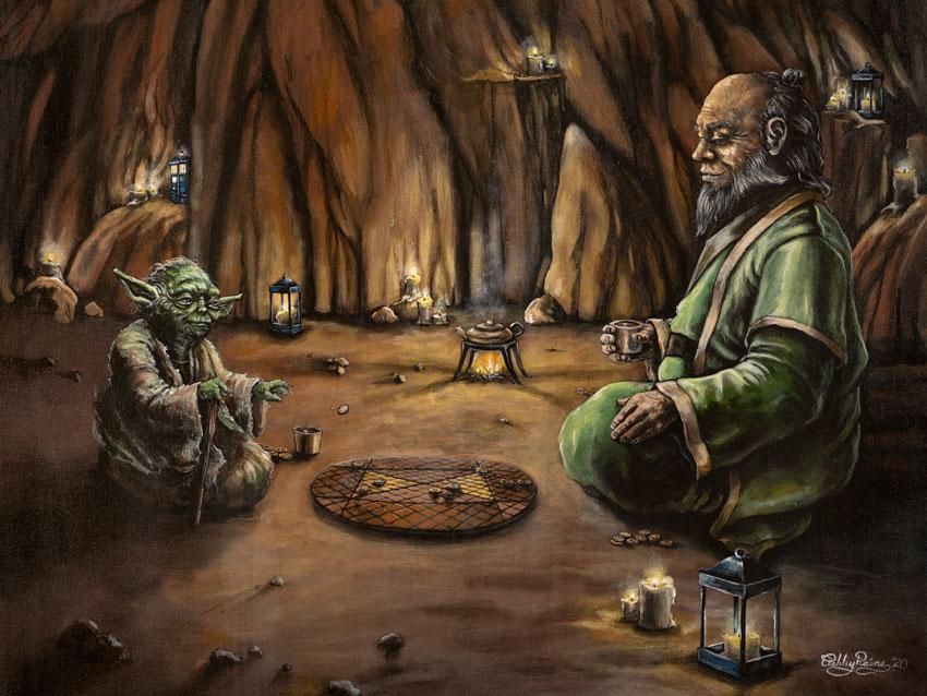 "Yoda and Iroh" Art Print by Ashley Raine  This 'What if?' parody art piece crosses the Star Wars universe with Avatar: The Last Airbender to show us a gathering of two of the wisest minds in the galaxy: Master Yoda, and Uncle Iroh.  What are these two sage masters chatting about as they share their tea and a game? Who is winning? Can you imagine?    Print Size: 12" x 16" on Premium Paper Ships Flat to preserve image quality Made in the USA
