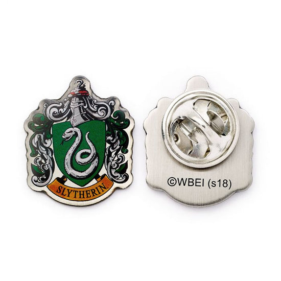Load image into Gallery viewer, Slytherin House Shield Crest Pin Badge  The Crest of the famous Hogwarts House, founded by Salazar Slytherin  This Harry Potter Pin Badge has been created using the official style guide from Warner Bros.  Enamel Pin Details:  Around .75&amp;quot; tall and .5&amp;quot; wide (20mm x 16mm) Beautiful colors protected by a high-gloss finish Enamel pin arrives on a printed Harry Potter card backer Quality metal badge pin with butterfly clutch backing
