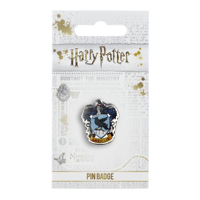 Ravenclaw Crest Pin Badge  The crest of the famous Hogwarts House, founded by Rowena Ravenclaw  This Harry Potter Pin Badge has been created using the official style guide from Warner Bros.  Enamel Pin Details:  Around .75" tall and .5" wide (20mm x 16mm) Beautiful colors protected by a high-gloss finish Enamel pin arrives on a printed Harry Potter card backer Quality metal badge pin with butterfly clutch backing