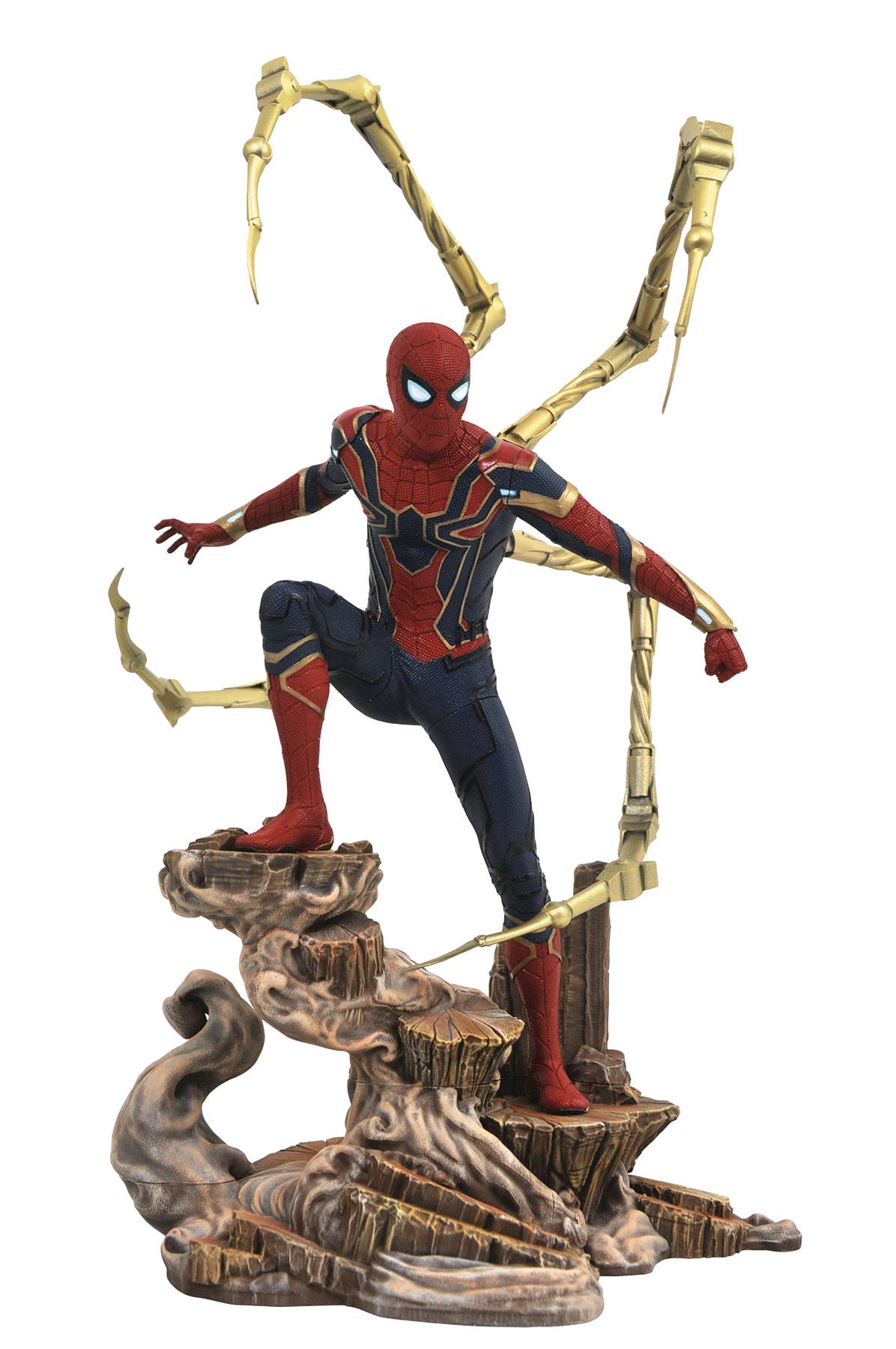 Load image into Gallery viewer, Stock photo of The Iron Spider Spider-Man Gallery Statue by Diamond Select Toys. Spider-Man is posed on a rock formation in his Iron-Spider suit as seen in Avengers: Infinity War
